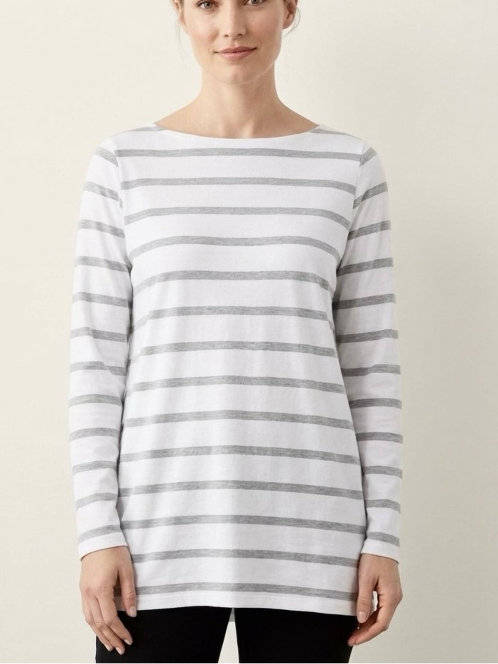 Eileen Fisher Gray White Striped Boatneck Long Sleeve Tunic Tee Top Size M